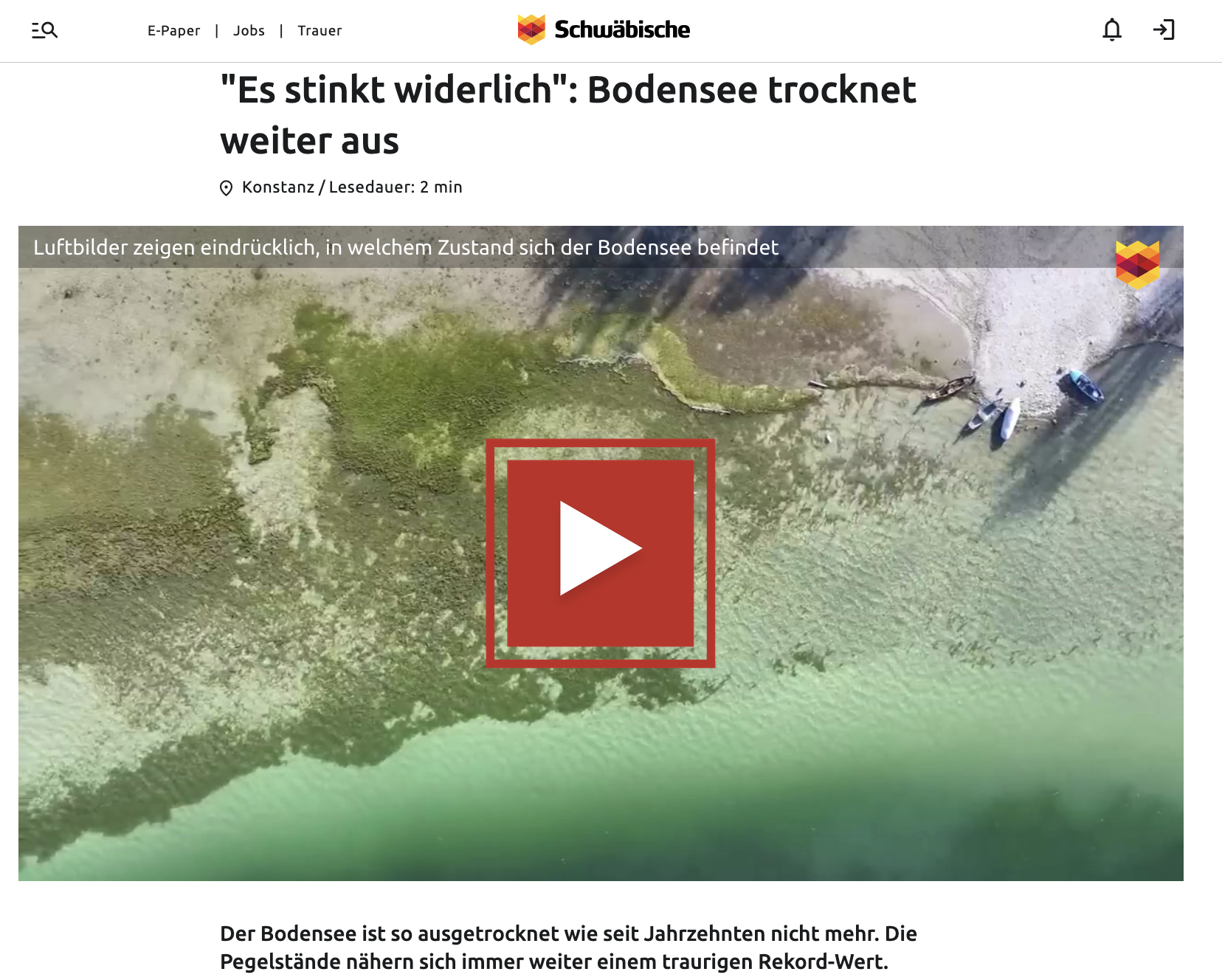 ‘Bodensee trocknet weiter aus’ Schlagzeile in schwaebische.de